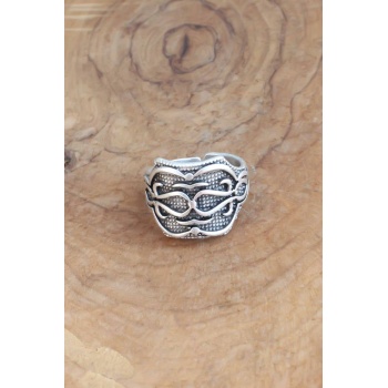 Motifli Gümüş Renk Ayarlanabilir Erkek Yüzük - Lisinya