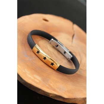 Gold Renk Çelik Yıldızlı Tasarım Siyah Renk Silikon Erkek Bileklik - Lisinya