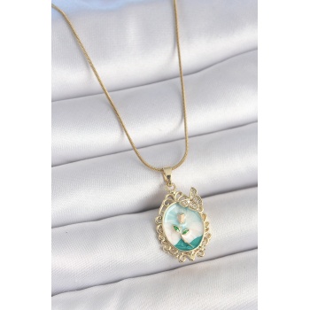 316L Çelik Gold Renk Zincir Mavi Mineli Çiçek İşlemeli Zirkon Taş Detaylı Portre Model Kadın Kolye - Lisinya