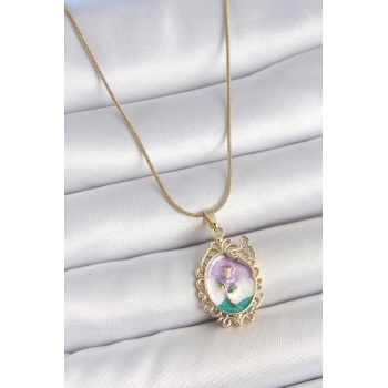 316L Çelik Gold Renk Zincir Mix Renk Mineli Çiçek İşlemeli Zirkon Taş Detaylı Portre Model Kadın Kolye - Lisinya