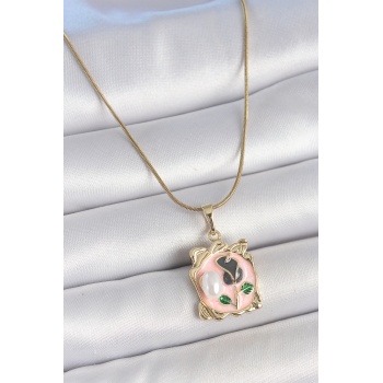 316L Çelik Gold Renk Zincir Pembe Mineli Çiçek İşlemli İnci Detay Portre Model Kadın Kolye - Lisinya