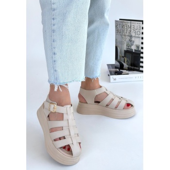 Toten Bej Cilt Kemerli Sandalet - Lisinya