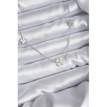 316L Çelik Zincir Gümüş Renk Yonca Model Kadın Kolye - Lisinya
