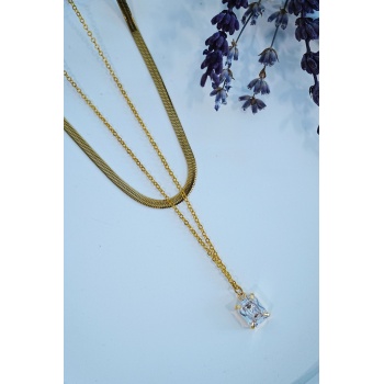 Altın Renk Baget Taşlı İtalyan Bakla Zincir Kadın Çelik Kolye – Lisinya