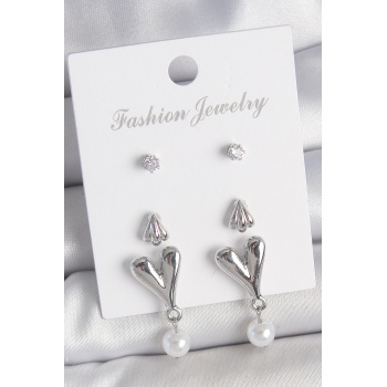 Pirinç Gümüş Renk Zirkon Taşlı Sallantılı Kalp Model 3 Çift Kadın Küpe Seti - Lisinya