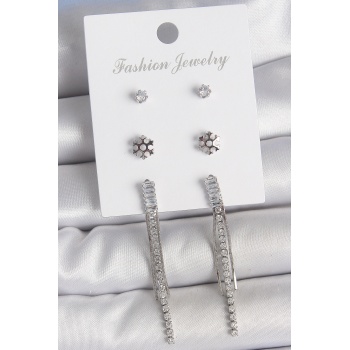 Pirinç Gold Renk Zirkon Taşlı Sallantılı Çiçek Detay 3 Çfit Kadın Küpe Seti - Lisinya