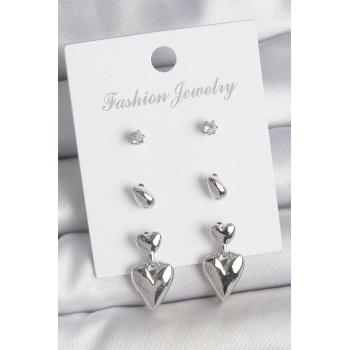 Pirinç Gümüş Renk Zirkon Taşlı Sallantılı Kalp Model 3 Çift Kadın Küpe Seti - Lisinya