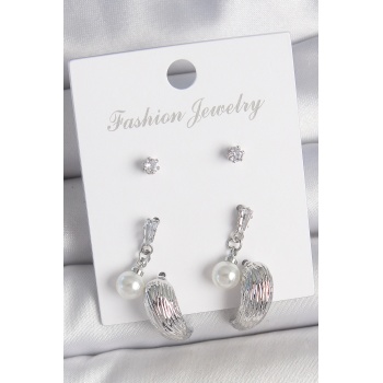 Pirinç Gümüş Renk Sallantılı Zirkon Taşlı Damla Model 3 Çift Kadın Küpe Seti - Lisinya