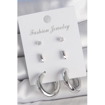 Pirinç Gümüş Renk Zirkon Taş Detay Halka Model 3 Çift Kadın Küpe Seti - Lisinya