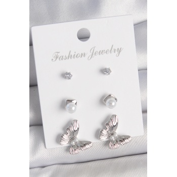 Pirinç Gümüş Renk Zirkon Taşlı İnci Detaylı Kelebek Model 3 Çift Kadın Küpe Seti - Lisinya