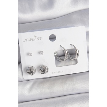 Pirinç Gümüş Renk Zirkon Taşlı Halka Model 3 Çift Kadın Küpe Seti - Lisinya