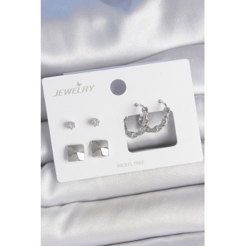 Pirinç Gümüş Renk Zirkon Taşlı Burgu Halka Model Kare Detay 3 Çift Kadın Küpe Seti - Lisinya