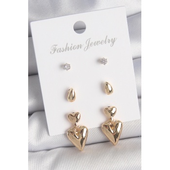 Pirinç Gold Renk Zirkon Taşlı Sallantılı Kalp Model 3 Çift Kadın Küpe Seti - Lisinya