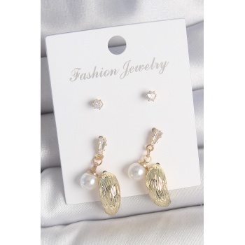 Pirinç Gold Renk Zirkon Taşlı İncili Sallantılı İşlemeli Damla Model 3 Çift Kadın Küpe Seti - Lisinya