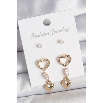 Pirinç Gold Renk Zirkon Taşlı Sallantı Kalp Model Kadın 3 Çift Küpe Seti - Lisinya