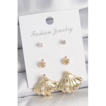 Pirinç Gold Renk Zirkon Taşlı İnci Detaylı Deniz Kabuğu Model 3 Çift Kadın Küpe Seti - Lisinya