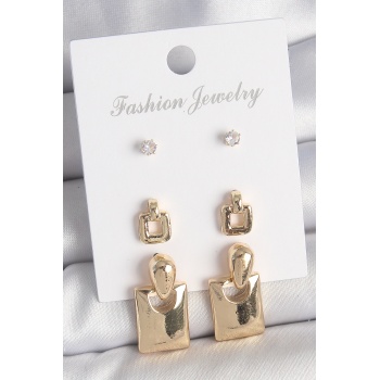 Pirinç Gold Renk Zirkon Taşlı Sallantılı Kare Model 3 Çift Kadın Küpe Seti - Lisinya