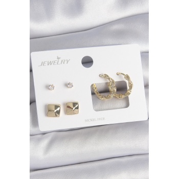 Pirinç Gold Renk Burgu Halka Model Zirkon Taşlı Kare Detay 3 Çift Kadın Küpe Seti - Lisinya