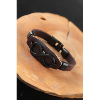 Siyah Sonsuzluklu Metal Aksesuarlı Kahverengi Deri Erkek Bileklik - Lisinya