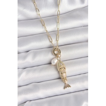 İnci Detaylı Zirkon Taşlı Balık Figürlü Gold Renk Pirinç Kolye - Lisinya