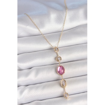Pirinç Zincir Gold Renk Pembe Zirkon Taşlı Y Kolye - Lisinya