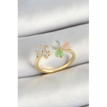 Pirinç Kalp Figürlü Zirkon Taşlı Gold Renk Ayarlanabilir Kadın Yüzük - Lisinya