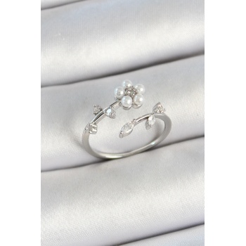 Pirinç İnci Detaylı Papatya Figürlü Zirkon Taşlı Gümüş Renk Ayarlanabilir Kadın Yüzük - Lisinya