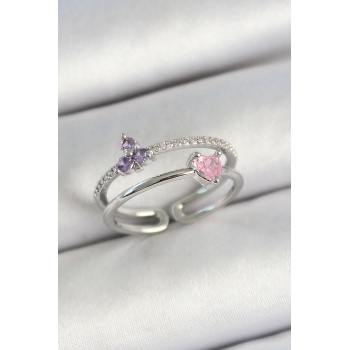 Pirinç Kalp Ve Çiçek Figürlü Zirkon Taşlı Gümüş Renk Ayarlanabilir Kadın Yüzük - Lisinya