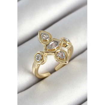 Pirinç Beş Taş Trend Figür Zirkon Taşlı Gold Renk Ayarlanabilir Kadın Yüzük - Lisinya