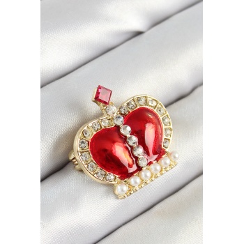 Zirkon Taşlı İnci Detaylı Kırmızı 3D Kraliçe Taç Figürlü Gold Renk Kadın Broş - Lisinya