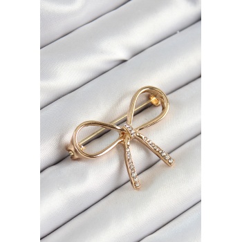 Zirkon Taş Detaylı 3D Fiyonk Figürlü Gold Renk Kadın Broş - Lisinya