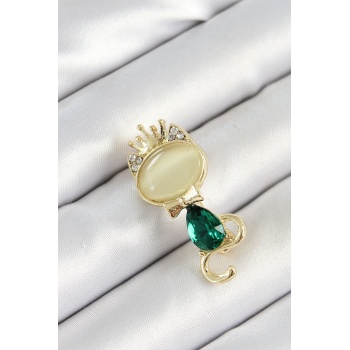 Yeşil Damla Zirkon Taşlı Kraliçe Taçlı Kedi Figürlü Gold Renk Kadın Broş - Lisinya