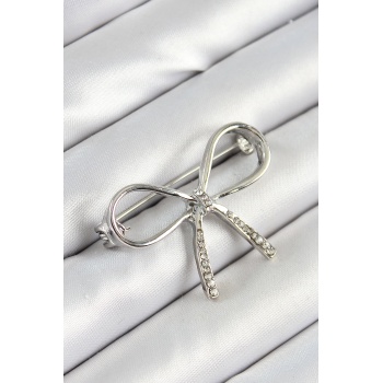 Zirkon Taş Detaylı Fiyonk Figürlü Gümüş Renk Kadın Broş - Lisinya