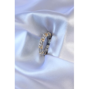 Gümüş Renk Zirkon Taşlı Gold Renk Detay Xoxo Kadın Yüzük - Lisinya