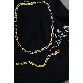 Gold Renk Kadın Kalın Zincir Takı Seti Kolye ve Bileklik 2li