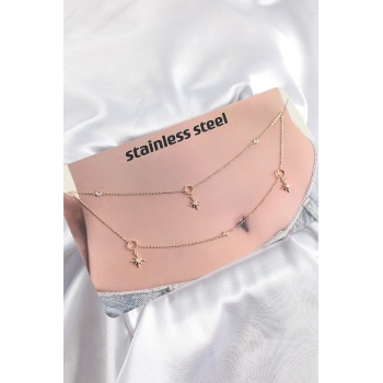 316L Çelik Zirkon Taşlı Kutup Yıldızı Model Gold Renk Göbek Bel Zinciri - Lisinya