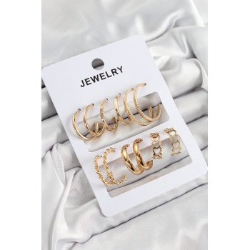 Pirinç Karışık Halka Model Gold Renk 6 Çift Kadın Küpe Set - Lisinya