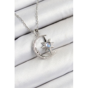 316L Çelik Zirkon Taşlı Kutup Yıldızlı Hilal Model Gümüş Renk Kadın Kolye - Lisinya