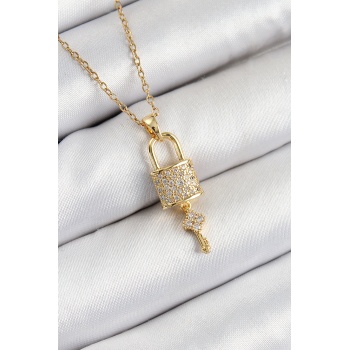 316L Çelik Zirkon Taşlı Kilit Ve Sallantılı Anahtar Model Gold Renk Kadın Kolye - Lisinya