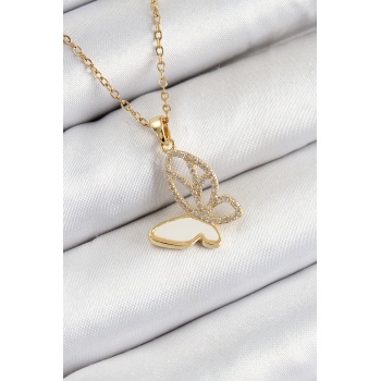 316L Çelik Zirkon Taşlı Kelebek Model Gold Renk Kadın Kolye - Lisinya