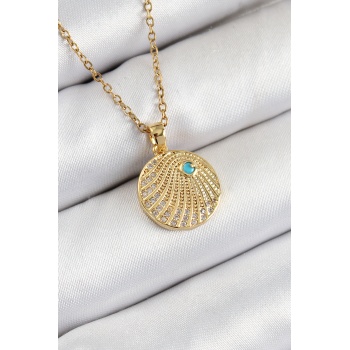 316L Çelik Zirkon Taşlı Madalyon Model Gold Renk Kadın Kolye - Lisinya