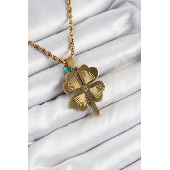 316L Çelik Burgu Zincirli Nazar Detaylı Yonca Model Gold Renk Kadın Kolye - Lisinya