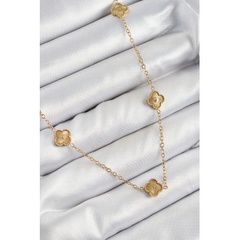 316L Çelik Yonca Model Gold Renk Kadın Kolye - Lisinya