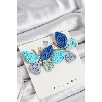 Pirinç Mavi Kelebek Model Gold Renk Kadın Hasır Küpe - Lisinya