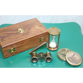 Ahşap Kutulu Pirinç Pusula,kumsaati,dürbün Seti 15682 - Lisinya