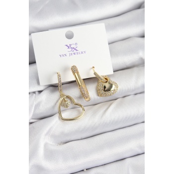 Pirinç Zİrkon Taşlı Kalp Model Gold Renk 3lü Kadın Küpe - Lisinya