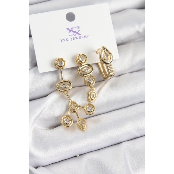 Pirinç Zİrkon Taşlı Geometrik Model Gold Renk 3lü Kadın Küpe - Lisinya