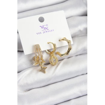 Pirinç Zİrkon Taşlı Sallantılı Yıldız Model Gold Renk 3lü Kadın Küpe - Lisinya