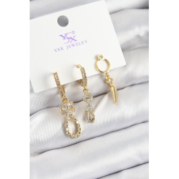 Pirinç Zİrkon Taşlı Sallantılı Model Gold Renk 3lü Kadın Küpe - Lisinya