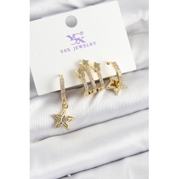 Pirinç Zİrkon Taşlı Sallantılı Yıldız Model Gold Renk 3lü Kadın Küpe - Lisinya